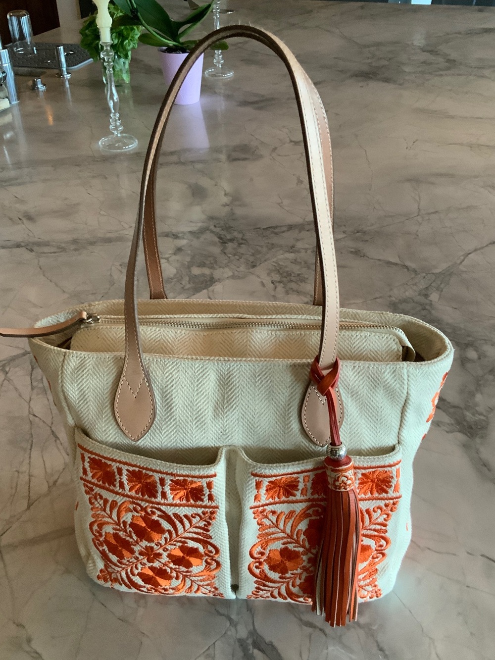 Brighton Cream Tote with Orange Embroidered Pockets and Tan Handles